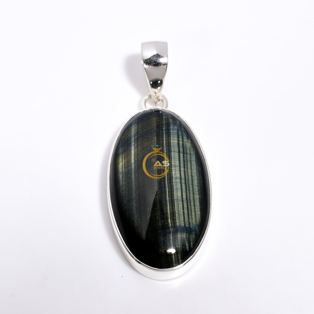 Blue Tiger Eye Pendant Gemstone Pendant Handmade Statement Pendant 925