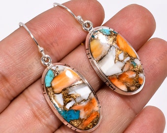 Orange Spiny Oyster Turquoise Earrings, Orange Stone Earring, 925 Silver Earrings, Dangle Earrings, Earrings for Women, Gift for Her