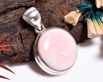 Pink Opal Pendant, Round Shape Handmade Jewelry, 925 Sterling Silver Pendant, Gemstone Pendant, Statement Pendant, Gift for Women