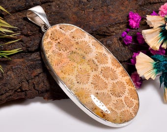 Natural Extra Large Fossil Coral Stone Pendant, 925 Sterling Silver Pendant, Gemstone Pendant Statement Pendant Fossil Coral Jewelry For Her