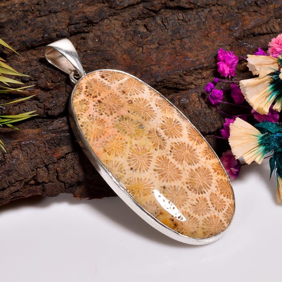 Natural Extra Large Fossil Coral Stone Pendant, 925 Sterling Silver Pendant, Gemstone Pendant Statement Pendant Fossil Coral Jewelry For Her