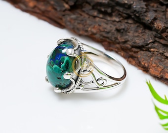 Azurite Malachite 925 Sterling Silver Handmade Blue Green Designer Ring Statement Jewelry