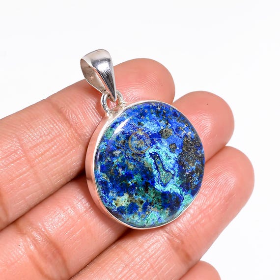 Collier En Azurite Malachite Naturelle Et Argent Massif 925 - Longueur 46 Cm, Pendentif Triangle 35x23x6 Mm - Neuf