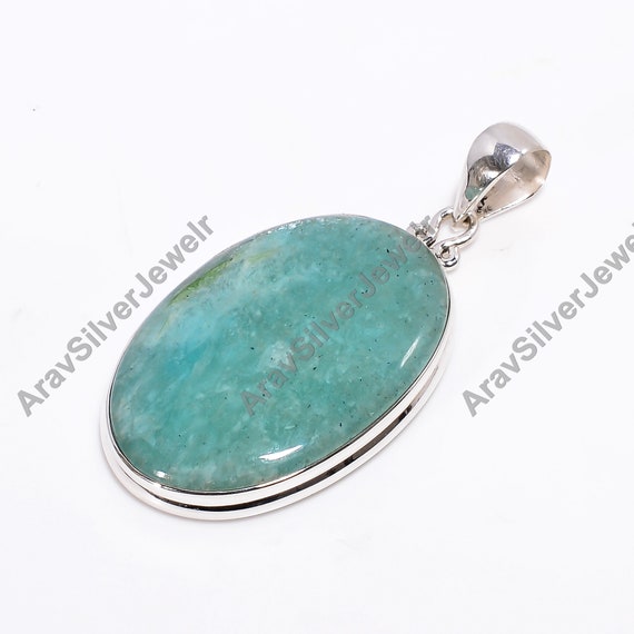 Pendentif En Amazonite Naturelle Ovale - Plaqué Argent Sur Laiton - Fait Main En Inde - Neuf
