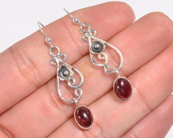 Orecchini in granato naturale, orecchini in pietra rossa, orecchini in argento sterling 925, orecchini con motivo floreale, orecchini pendenti, gioielli regalo fatti a mano per lei