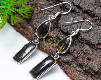 Golden Blue Flash Nuummite 925 Sterling Silber Handgemachte Statement Baumeln Ohrringe Zwei Stein Grönland Nuummite für Frauen