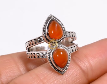 Carnelian Ring Orange Two Stone Ring 925 Sterling Silver Ring Gemstone Ring Handmade Promise Ring Engagement Statement Ring Gift for Her