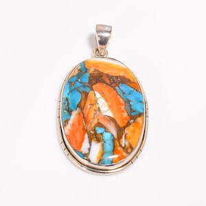 Extra Large Oval Shape Orange Spiny Oyster Turquoise Stone Pendant 925 Sterling Silver Pendant Handmade Statement Pendant for Man and Woman