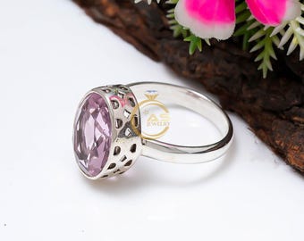 Natural Purple Amethyst Statement Ring 925 Sterling Silver Promise Ring for Her February Birthstone Healing Crystal Ring Valentine's Gift
