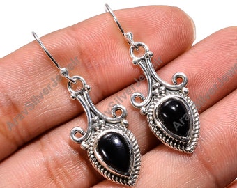 Black Onyx Earrings, Black Stone Earrings, 925 Sterling Silver Earrings, Handmade Earring, Dangle Earrings, Black Onyx Jewelry, Gift for Her