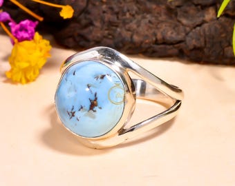Anillo de turquesa natural azul Golden Hill, anillo de plata de ley 925, anillo de piedra preciosa único, anillo llamativo, joyería de turquesa, regalo para ella
