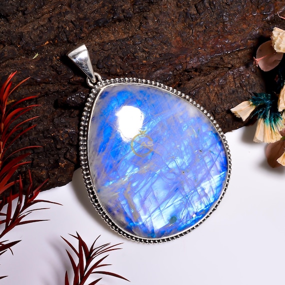 Large Blue Rainbow Moonstone Pendant: Handmade 925 Sterling Silver