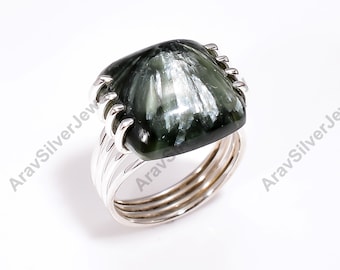 Green Seraphinite Ring, 925 Sterling Silver Ring, Gemstone Ring, Green Stone Ring,  Handmade Ring, Seraphinite Jewelry, Handmade Jewelry
