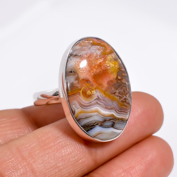 Anillo de ágata con encaje loco, anillo de piedras preciosas, anillo de plata de ley 925, anillo llamativo, joyería de ágata, joyería hecha a mano, regalo de San Valentín