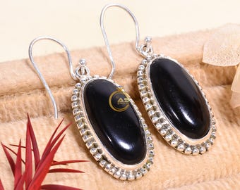 Oorbellen met zwarte onyx, massief 925 sterling zilveren oorbellen, oorbellen met zwarte onyx edelsteen, handgemaakte sieraden, zwarte onyx cadeau voor haar