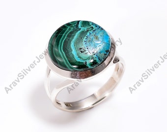 Handgemachter Azurit Malachit Ring: 925 Sterling Silber Statement Schmuck