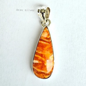Handmade Oyster Turquoise Pendant: Orange Stone, 925 Sterling Silver
