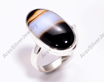 Black Banded Agate Ring, 925 Sterling Silver Ring, Handmade Ring, Agate Jewelry, Statement Ring, Agate Jewelry, Gift Ring