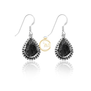 Black Shungite Raw Gemstone Dangle Drop 925 Sterling Silver Handmade Earrings