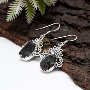 Black Shungite Raw Stone Pear Shape Gemstone Dangle Drop 925 Sterling Silver Handmade Earrings