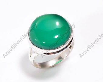 Green Onyx Round Shape Gemstone Pure 925 Sterling Silver Handmade Statement Ring Jewelry Gift for Her Christmas Gift