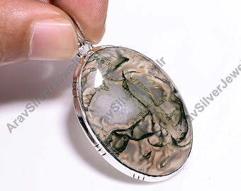 Green Moss Agate Pendant Gemstone Pendant Pure 925 Sterling Silver Pendant Statement Pendant Moss Agate Jewelry Valentines Day Gift for Her