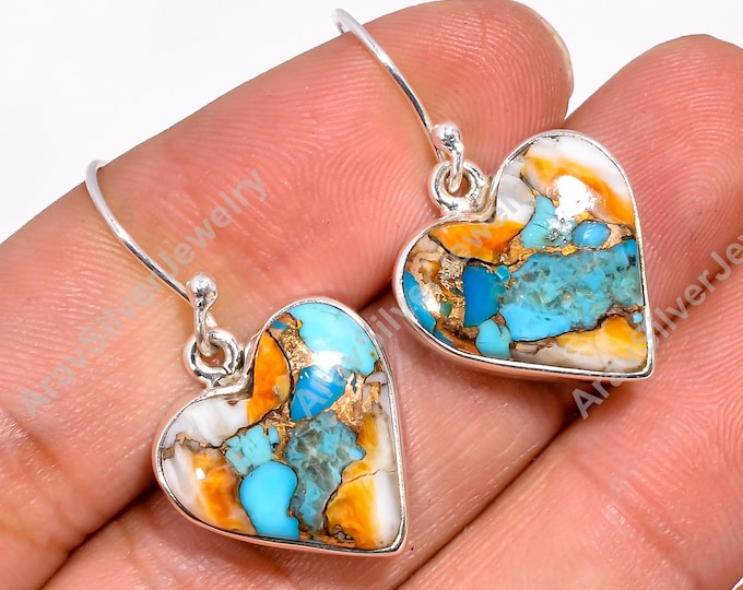 Featured listing image: Oyster Turquoise Earrings, Orange And Blue Stone Earrings, 925 Sterling Silver Earrings, Dangle Earrings, Earrings for Women, Gift for Her