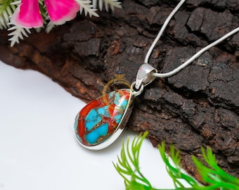 Vintage Turquoise and Red Coral Sterling Silver Pendant, Turquoise 