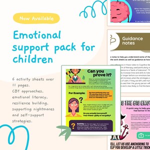 Op de afbeelding: Een kleurrijke digitale download voor emotionele ondersteuning van kinderen. Het pakket bevat 6 werkbladen, 11 pagina's, CBT-benaderingen, emotionele geletterdheid, veerkracht opbouwen, ondersteuning bij nachtmerries en zelfhulpstrategieën. De tekst "Kun je het bewijzen?" staat op een pagina met een cartoonrechter en een kind.