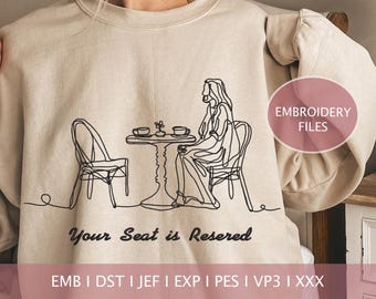 Coffee with Jesus Your Seat is Reserved Embroidery Design: Christian Line Art (Digital Download