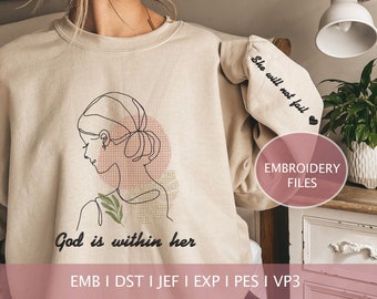 Boho Woman Line Art Embroidery Design: Christian Bible Verse (Digital File)