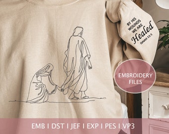 Woman Touching Jesus Line Art Embroidery Design (Digital Download)