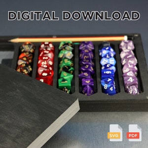 May include: A wooden box containing sets of polyhedral dice in various colors, including red, green, purple, and blue. A pencil rests across the top. The text "DIGITAL DOWNLOAD" is at the top. SVG and PDF icons are at the bottom.