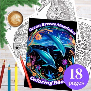 Ocean Mandala Coloring Pages for Adults | Printable PDF with Sea Turtles Jellyfish Coral Shells | Marine Life Art for Mindfulness and Calm