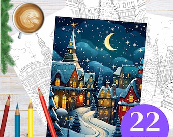 Kolorowanki: Miasto Bożonarodzeniowe | Zimowe sceny świąteczne (plik PDF do druku)