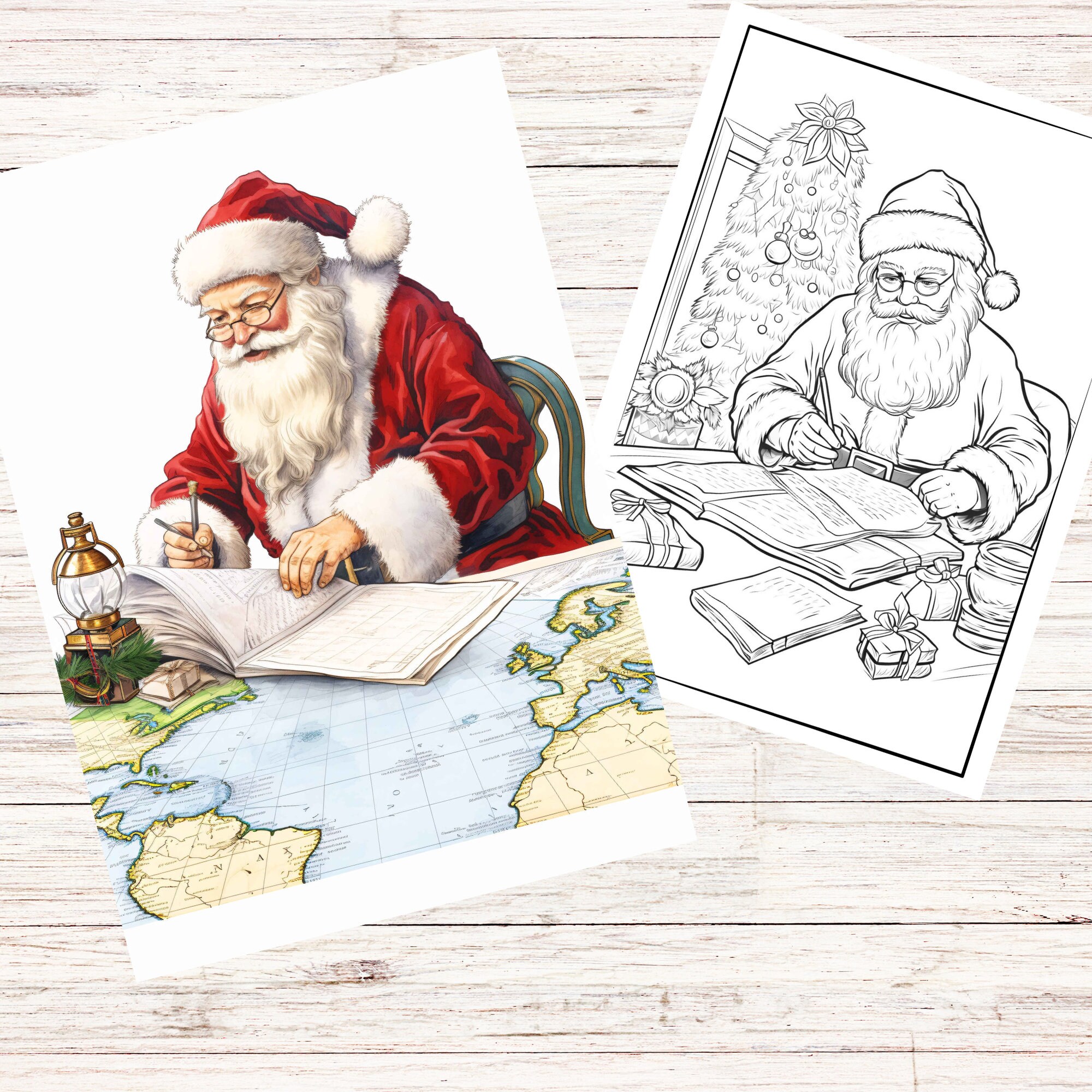 サンタクロースと贈り物と木々 - 複雑なぬりえページ クリスマス 印刷用, image size:2000x2000