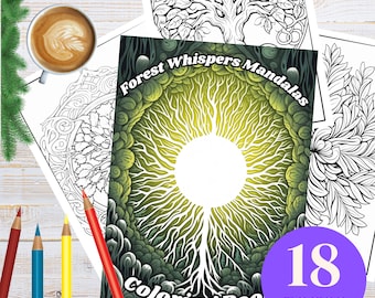 Forest Whispers Mandalas, urzekająca kolorowanka inspirowana lasem, zawierająca 18 czarujących stron