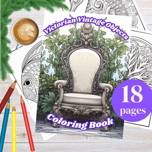 Puede incluir: Un libro para colorear con un sillón victoriano adornado rodeado de vegetación exuberante. La portada dice "Victorian Vintage Objects Coloring Book" e incluye un círculo morado con el texto "18 páginas".