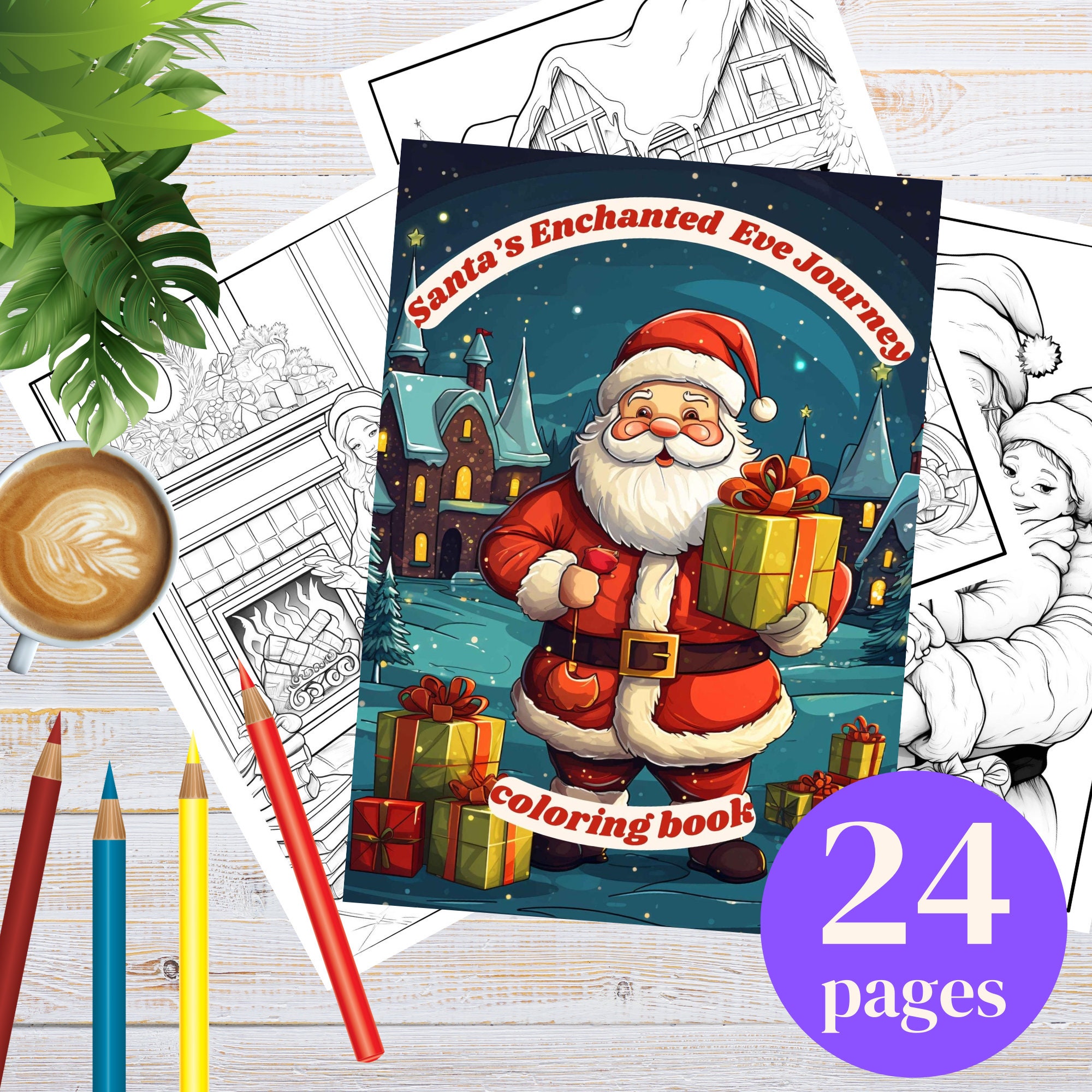 サンタクロースの衣装を着た女性、プレゼントを持って - 複雑なぬりえページ クリスマス 印刷用, image size:2000x2000