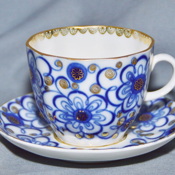 Kaffeetasse mit Untertasse Ackerwinde, Lomonosov St.Petersburg Russland, Kobalt Gold