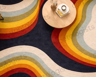 Alfombra retro con diseño de ondas arcoíris / Alfombra moderna de mediados de siglo tejida a mano