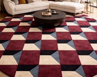 Hand Tufted Wool Rug, Geometric Area Rug, Burgundy Navy Blue Ivory Carpet