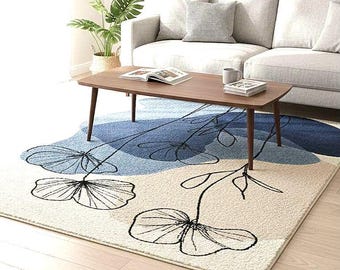 Tappeto moderno trapuntato a mano con motivo floreale astratto blu e beige – 244 x 30 cm, design botanico minimalista