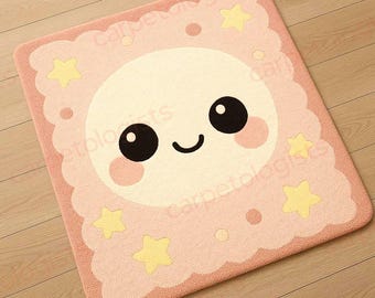 Hand Tufted Cute Smiley Cloud Rug –4×4 5×5 Pink Kawaii Nursery & Kids Room Area Rug | Soft Pastel Cartoon Carpet