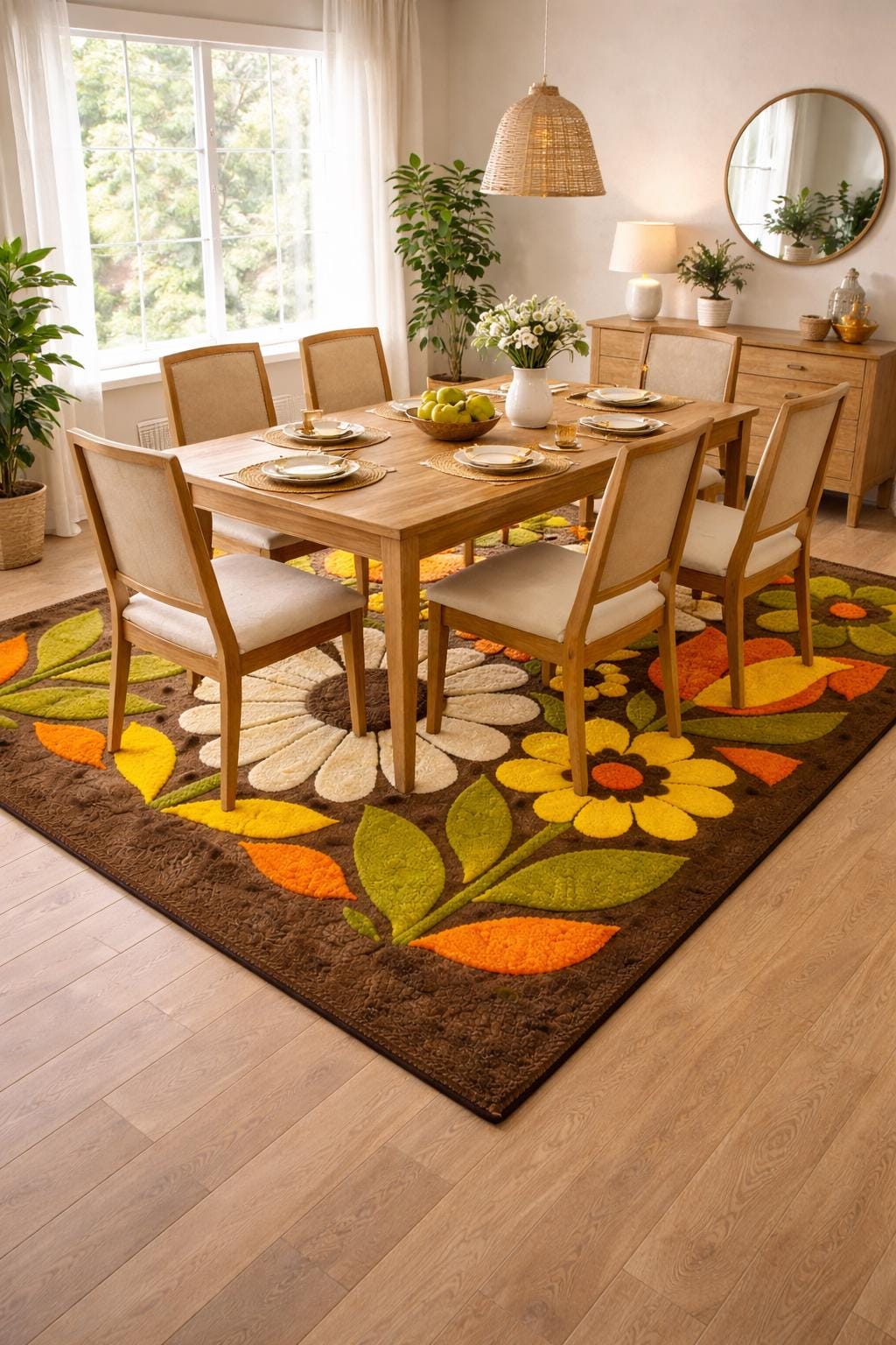 Retro Floral Hand-tufted Wool Rug | 70s Vintage Flower Area Rug | Boho ...