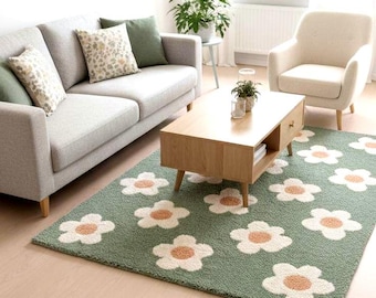 Handmade Green Daisy Rug | Tufted Floral Carpet | 9×12 Living Room Rug