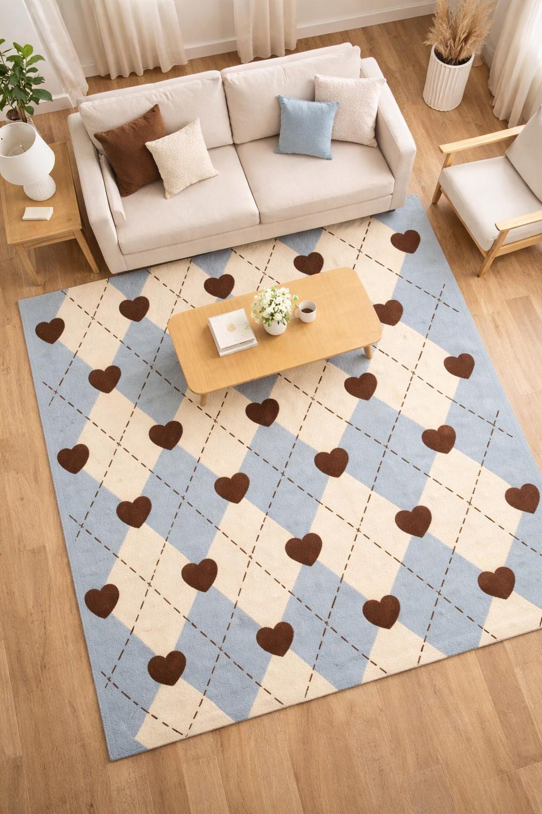 Hand Tufted Wool Argyle Heart Rug – Blue & Beige Checker Pattern ...