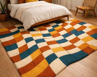 Handmade Wool Wavy Checkerboard Rug, Mid Century Modern Boho Carpet