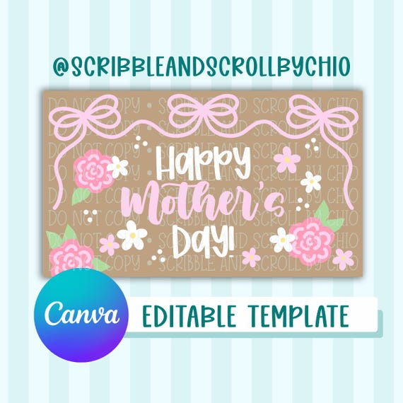 Happy Mother's Day Banner Template | DIGITAL FILE | Pink Florals and Bows, Canva Editable Template