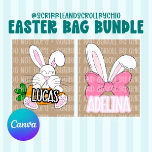 Op de afbeelding: Een afbeelding van een Easter Bag Bundle met twee konijnontwerpen. Eén konijn houdt een wortel vast met de naam "LUCAS", de andere heeft een roze strik en de naam "ADELINA". De tekst "EASTER BAG BUNDLE" staat bovenaan.